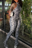 Black Floral Print O Neck Sleeveless Backless Skinny Casual Party Outing Flared Jumpsuits