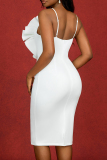 White Sleeveless Backless Ruffle Trim Back Slit Bodycon Party Evening Wedding Midi Slip Dresses