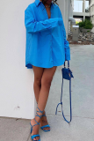 Blue Turndown Collar Long Sleeve Buckle up Loose Casual Mini Shirt Dresses