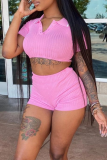 Pink Turndown Collar Short Sleeve Crop Tops and Mini Shorts Bodycon Casual Sportwear Two Piece Short Sets
