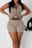 Black Knitted Zipper Collar Sleeveless Tops and Skinny Shorts Fitted Casual Outing Two Piece Short Sets