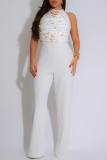 White Off Shoulder Sleeveless Backless Fringed Trim Halter Wide Leg Jumpsuit