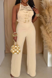 White Off Shoulder Sleeveless Backless Fringed Trim Halter Wide Leg Jumpsuit