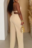 White Off Shoulder Sleeveless Backless Fringed Trim Halter Wide Leg Jumpsuit