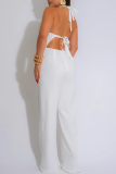 White Off Shoulder Sleeveless Backless Fringed Trim Halter Wide Leg Jumpsuit