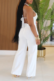 White Off Shoulder Sleeveless Backless Fringed Trim Halter Wide Leg Jumpsuit