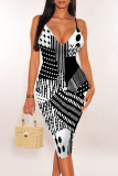 White Black Polka Dot Flowers Print Contrast V Neck Sleeveless Backless Bodycon Party Club Wear Midi Slip Dresses
