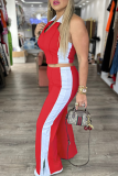 Green Contrast Turndown Collar Sleeveless Zipper up Tops and Slit Skinny Pants Casual Outing Two Piece Trouser Sets
