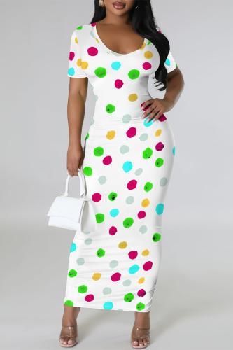 White Geometric Print Gradient Contrast O Neck Short Sleeve Back Slit Bodycon Casual Outing Maxi Dress