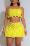 Black Casual Mental Ring Trim Sleeveless Ruffled Hem Cami Tops and Mini Bubble Skirts Two Piece Dress Sets