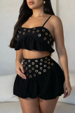 Black Casual Mental Ring Trim Sleeveless Ruffled Hem Cami Tops and Mini Bubble Skirts Two Piece Dress Sets