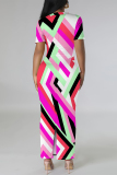 White Geometric Print Gradient Contrast O Neck Short Sleeve Back Slit Bodycon Casual Outing Maxi Dress
