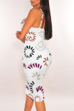 White Floral Print Contrast V Neck Sleeveless Backless Bodycon Party Club Wear Midi Slip Dresses