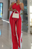Green Contrast Turndown Collar Sleeveless Zipper up Tops and Slit Skinny Pants Casual Outing Two Piece Trouser Sets