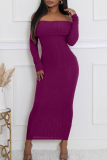 Fuchsia Ribbed Off Shoulder Long Sleeve Bodycon Party Club Wear Evening Maxi Dresses