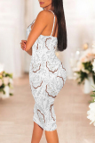 White Black Polka Dot Flowers Print Contrast V Neck Sleeveless Backless Bodycon Party Club Wear Midi Slip Dresses