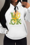 White Casual Graffiti Print Letters Long Sleeve Draw String with Pocket Hooded Sweatshirts Tops