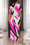 White Geometric Print Gradient Contrast O Neck Short Sleeve Back Slit Bodycon Casual Outing Maxi Dress