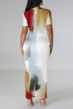 White Geometric Print Gradient Contrast O Neck Short Sleeve Back Slit Bodycon Casual Outing Maxi Dress