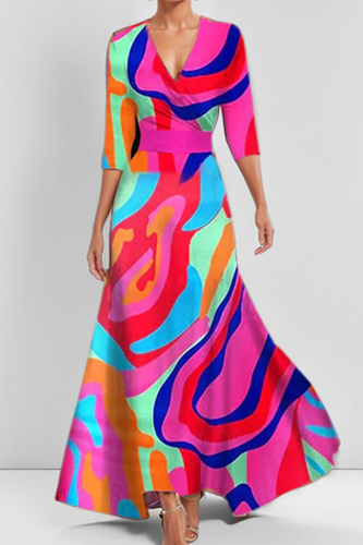Colors Floral Abstract Print V Neck Half Sleeve Waisted Fitted Party Vacation Maxi Dresses