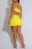 Black Casual Mental Ring Trim Sleeveless Ruffled Hem Cami Tops and Mini Bubble Skirts Two Piece Dress Sets