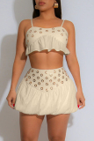 Black Casual Mental Ring Trim Sleeveless Ruffled Hem Cami Tops and Mini Bubble Skirts Two Piece Dress Sets