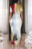 White Geometric Print Gradient Contrast O Neck Short Sleeve Back Slit Bodycon Casual Outing Maxi Dress
