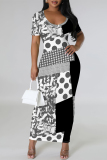 White Geometric Print Gradient Contrast O Neck Short Sleeve Back Slit Bodycon Casual Outing Maxi Dress