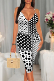 White Black Polka Dot Flowers Print Contrast V Neck Sleeveless Backless Bodycon Party Club Wear Midi Slip Dresses