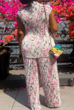 White Pink Floral Print O Neck Sleeveless Tops and Wide Leg Pants Casual Pleated Two Piece Trouser Sets