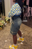 Blue Casual Patchwork Mid Waist Straight Fifth Denim Shorts