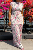 White Pink Floral Print O Neck Sleeveless Tops and Wide Leg Pants Casual Pleated Two Piece Trouser Sets