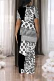 White Geometric Print Gradient Contrast O Neck Short Sleeve Back Slit Bodycon Casual Outing Maxi Dress
