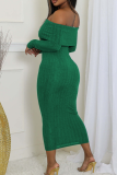 Fuchsia Ribbed Off Shoulder Long Sleeve Bodycon Party Club Wear Evening Maxi Dresses