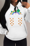 White Casual Graffiti Print Letters Long Sleeve Draw String with Pocket Hooded Sweatshirts Tops