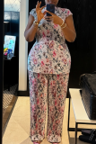 White Pink Floral Print O Neck Sleeveless Tops and Wide Leg Pants Casual Pleated Two Piece Trouser Sets