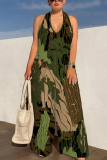 Pink Geometric Print Sleeveless Backless With Pocket Lace Up Halter Loose Casual Vacation Straight Jumpsuits