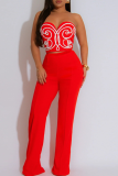 Green Abstract Print Sleeveless Strapless Tube Tops and Straight Pants Casual Party Club Wear Two Piece Trouser Sets