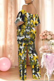Blue Floral Print Off Shoulder Ruffled Short Sleeve Fitted Casual Vacation Straight Jumpsuits