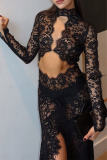 Black Lace See-Through Half A Turtleneck Long Sleeve Backless Cut Out High Slit Bodycon Party Evening Maxi Dress