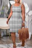 Grey Plaid Print U Neck Sleeveless Bodycon Plus Size Midi Vest Dresses