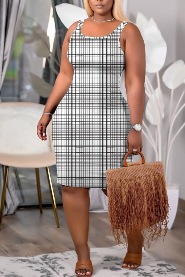 Grey Plaid Print U Neck Sleeveless Bodycon Plus Size Midi Vest Dresses