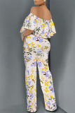 Blue Floral Print Off Shoulder Ruffled Short Sleeve Fitted Casual Vacation Straight Jumpsuits