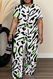 White Green Casual Abstract Leopard Print O Neck Short Sleeve T-shirt and Wide Leg Pants Two Piece Trouser Sets