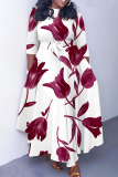 Pink Floral Print O Neck 3/4 Sleeve Belted Fitted A-line Casual Vacation Plus Size Maxi Dresses