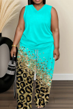 Blue Cartoon Print V Neck Sleeveless Tops and Drawstring Wide Leg Pants Plus Size Two Piece Trouser Sets