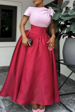 Red Purple O Neck Short Sleeve Bow Decor High Waist A-line Fitted Party Evening Maxi Dresses