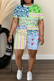 Orange Abstract Print O Neck Short Sleeve T-shirt and Skinny Shorts Casual Outing Two Piece Short Sets