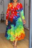 Purple Graphic Print V Neck Long Sleeve High Waisted A-line Fitted Casual Vacation Plus Size Maxi Dresses