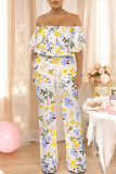 Blue Floral Print Off Shoulder Ruffled Short Sleeve Fitted Casual Vacation Straight Jumpsuits